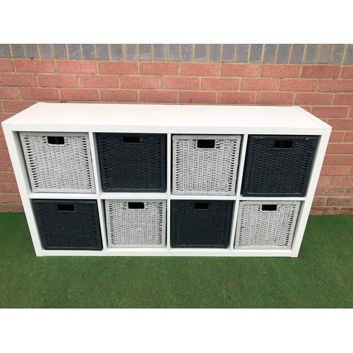 62 - Bank of 8 black and white wicker draws works horizontal or vertical