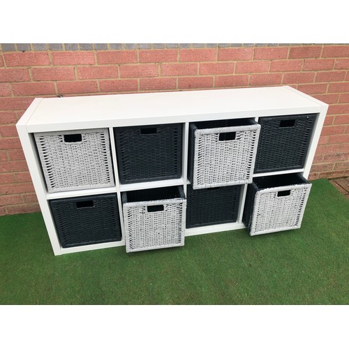 62 - Bank of 8 black and white wicker draws works horizontal or vertical