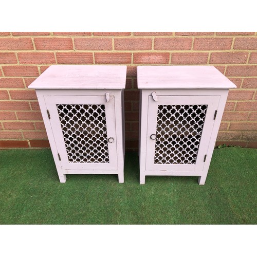 69 - Pair of painted lavender Jali Chinese side cabinets