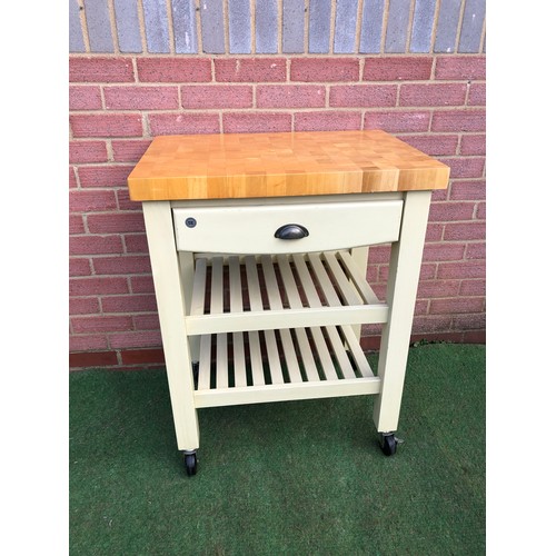 71 - Butchers trolley/cutting board with draw by T&G WOODWARE ENGLAND on wheels in white
