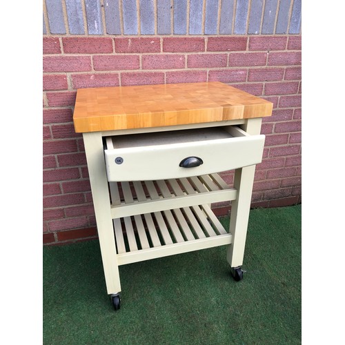 71 - Butchers trolley/cutting board with draw by T&G WOODWARE ENGLAND on wheels in white