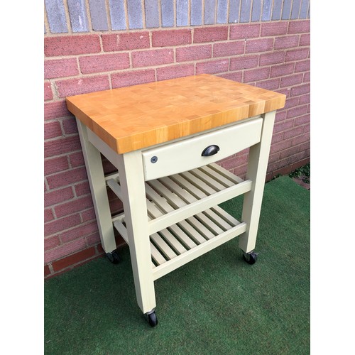 71 - Butchers trolley/cutting board with draw by T&G WOODWARE ENGLAND on wheels in white