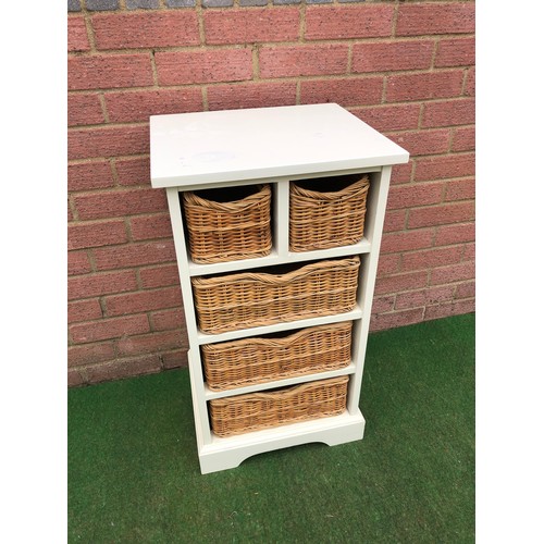 72 - Painted white bank of 5 wicker draws