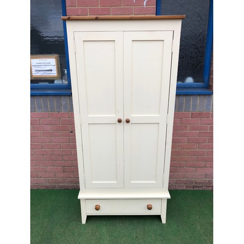 73 - Single pine wardrobe with bottom draw on stand in white