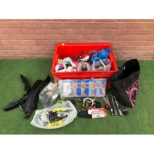 84 - A box of assorted bicycle accessories including breaks, pedals, seat bars, innertubes and many other... 