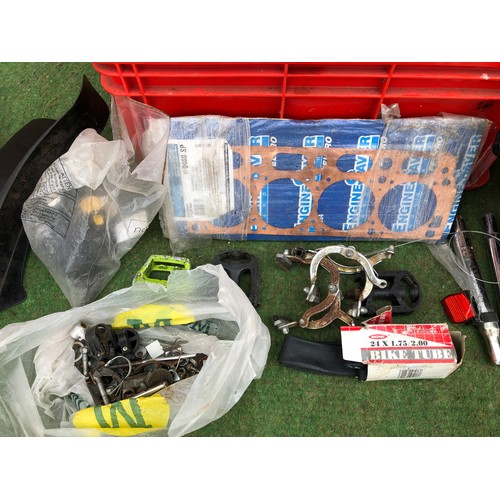 84 - A box of assorted bicycle accessories including breaks, pedals, seat bars, innertubes and many other... 