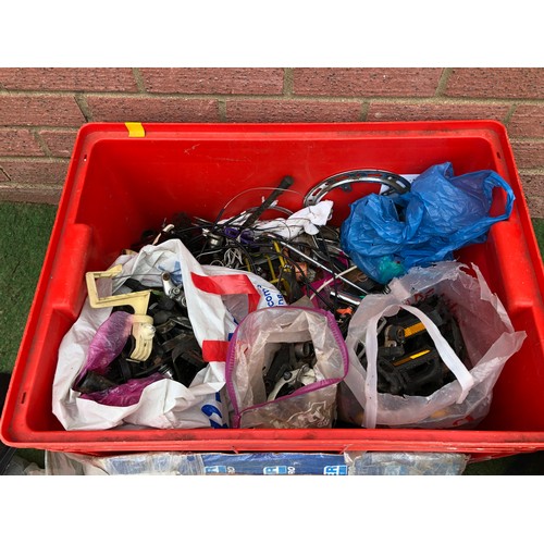 84 - A box of assorted bicycle accessories including breaks, pedals, seat bars, innertubes and many other... 