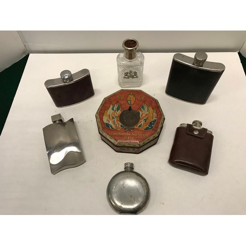 20 - Collection of Hip flasks and vintage coranation tin