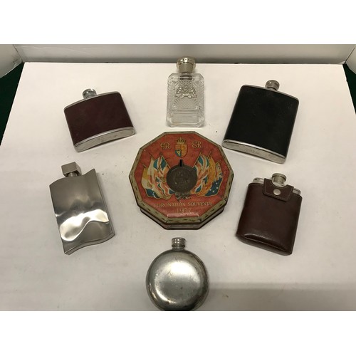 20 - Collection of Hip flasks and vintage coranation tin