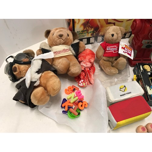 106 - Mixed used toys Teddies  , empty alian box  AND MORE see all pictures