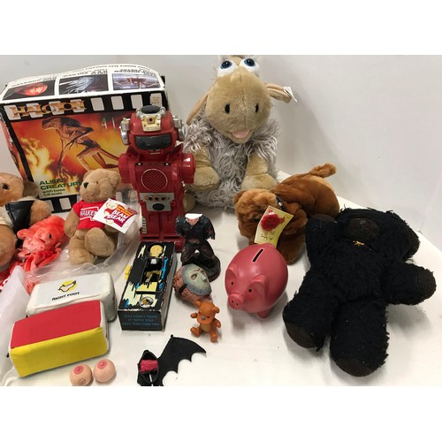 106 - Mixed used toys Teddies  , empty alian box  AND MORE see all pictures