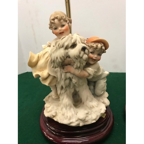 169 - Resin sculpture of Children and dog base lamp plus a Glazed oriental scholar base lamp