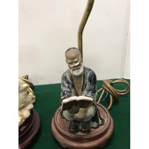 169 - Resin sculpture of Children and dog base lamp plus a Glazed oriental scholar base lamp