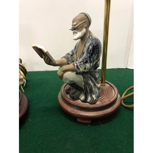 169 - Resin sculpture of Children and dog base lamp plus a Glazed oriental scholar base lamp