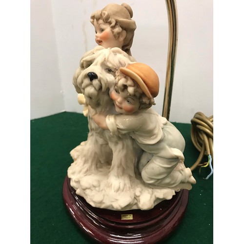 169 - Resin sculpture of Children and dog base lamp plus a Glazed oriental scholar base lamp