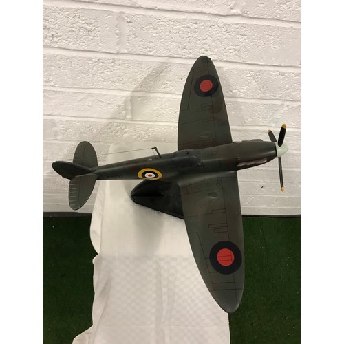 160 - Large resin spitfire on stand with signature of Alex Henshaw the Test pilot