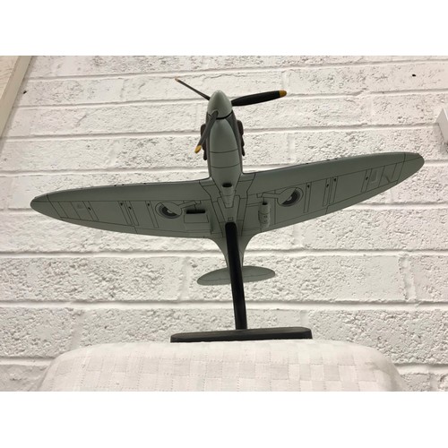 160 - Large resin spitfire on stand with signature of Alex Henshaw the Test pilot