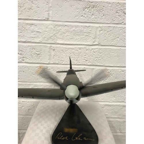 160 - Large resin spitfire on stand with signature of Alex Henshaw the Test pilot