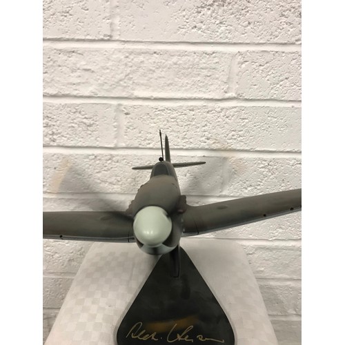 160 - Large resin spitfire on stand with signature of Alex Henshaw the Test pilot