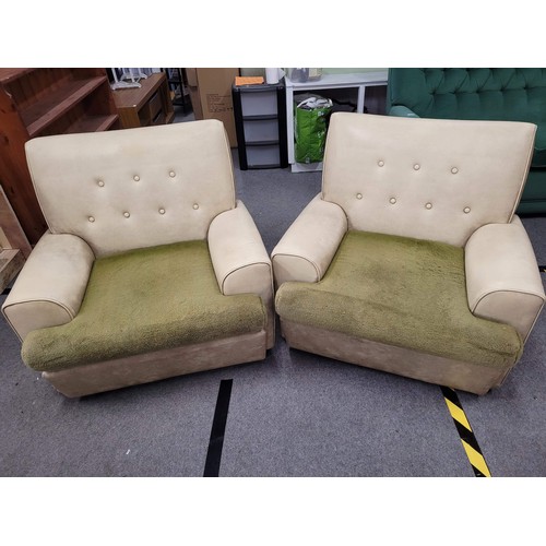194 - Pair of retro cream and green button-back armchairs