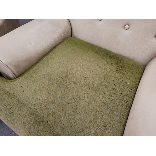 194 - Pair of retro cream and green button-back armchairs