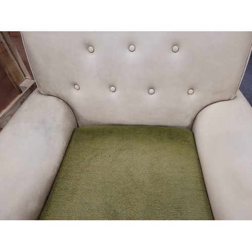 194 - Pair of retro cream and green button-back armchairs