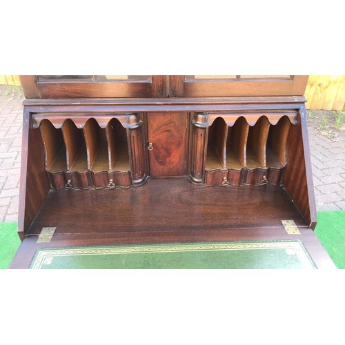 110 - Georgian style mahogany bureau bookcase with draws and gun barrel columns and internal gallery compa... 