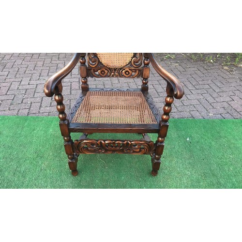 113 - Oak Jacobean framed carved barley twist carver chair with bourgeois pannels