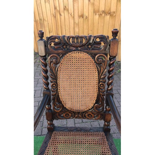 113 - Oak Jacobean framed carved barley twist carver chair with bourgeois pannels