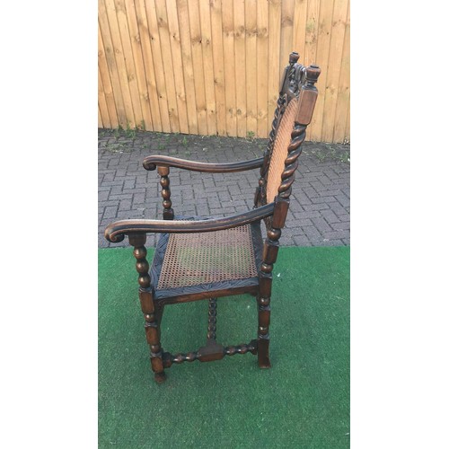 113 - Oak Jacobean framed carved barley twist carver chair with bourgeois pannels