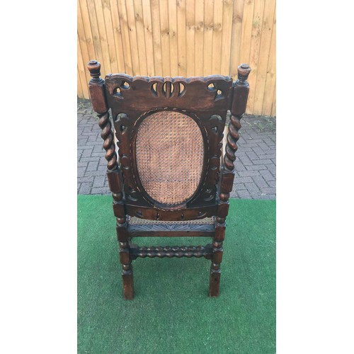 113 - Oak Jacobean framed carved barley twist carver chair with bourgeois pannels