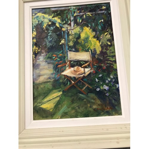 201 - White Framed Painting the English Garden and the Empty chairSize 15 x 18 inches