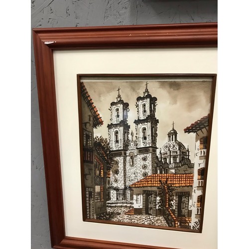 205 - Pair of framed stencils of the cathedral in the city of silver Taxco Mexico size 16 x 19 inches... 