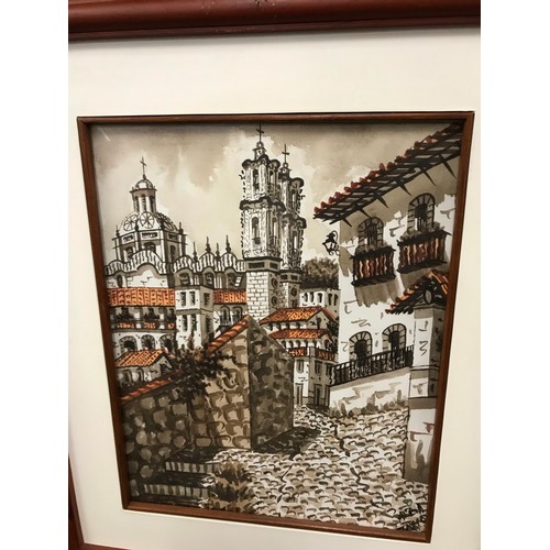 205 - Pair of framed stencils of the cathedral in the city of silver Taxco Mexico size 16 x 19 inches... 