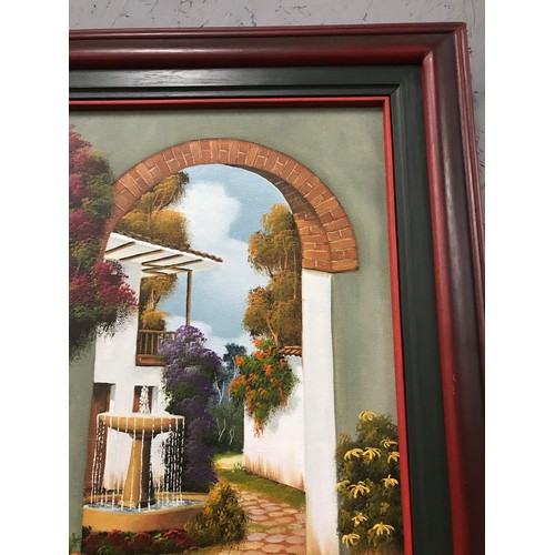 207 - COLUMBIAN FRAMED ART WORK  of Finca court yard signed see all pictures16 x 21 inc