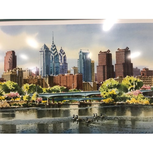 209 - Large framed print of theSCHUYLKILL RIVER and PHILADELPHIA SKY LINEand the statue of William Penn th... 