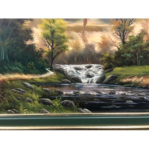 210 - Framed with Green border painting of the columbian forest with flowing river looking dark and deep s... 