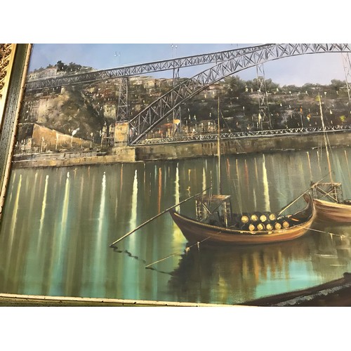 217 - Large ornate framed painting of the DOM LUIS I BRIDGE OVER THE RIVER DOURO between the cities of por... 