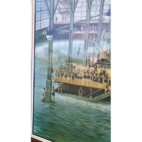 219 - Large Framed American print of early swimming Baths