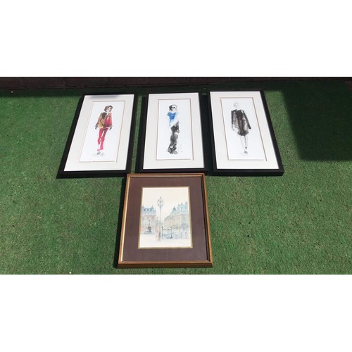 116 - 3 framed and glazed catwalk fashion prints & Piccadilly London sketch