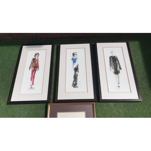 116 - 3 framed and glazed catwalk fashion prints & Piccadilly London sketch