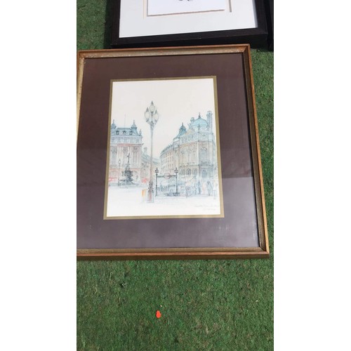 116 - 3 framed and glazed catwalk fashion prints & Piccadilly London sketch