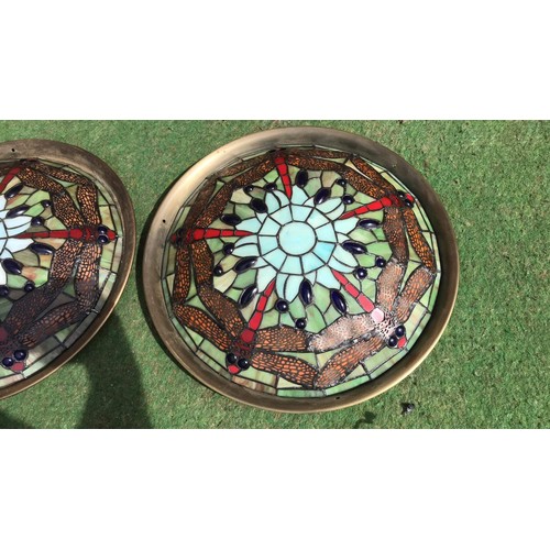 129 - 4 tiffany style ceiling shades with colourful dragonfly motif and brass surrounds see all pictures