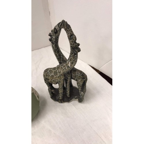 124 - Green jasper, soapstone giraffe, John Letts sculpture & female figure