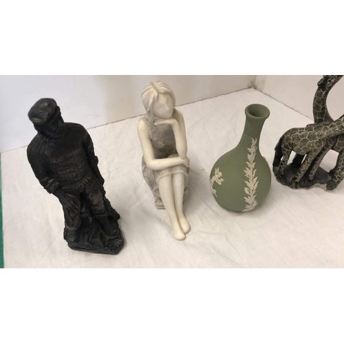 124 - Green jasper, soapstone giraffe, John Letts sculpture & female figure