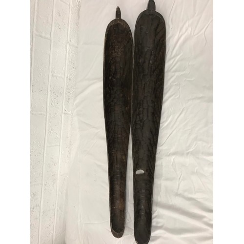 246 - Pair of long carved wooden face masksWith gold coloured detailheight- 44 incwidth-6 inc... 