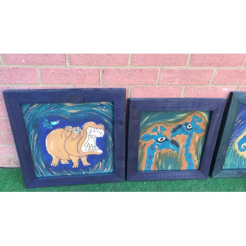 266 - 4 blue framed contemporary art of African wildlife signed Freda 1998/99