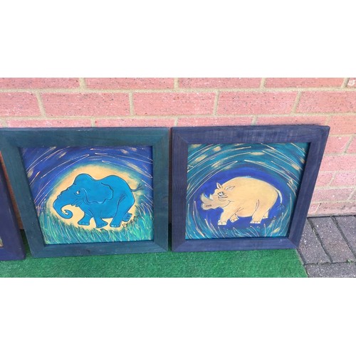 266 - 4 blue framed contemporary art of African wildlife signed Freda 1998/99