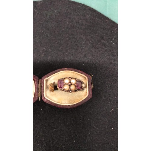 137 - Victorian 15ct marked 625 ring with pearls amethyst stone ( needs restoration/scrap )