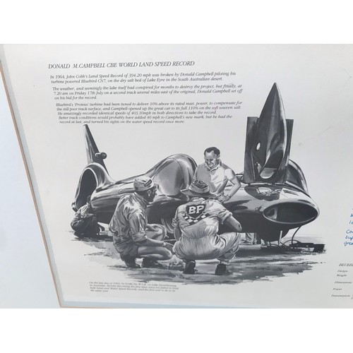 326 - Two Framed Prints Of Donald Campbell Speed on water and land signed by his Daughter both prints are ... 